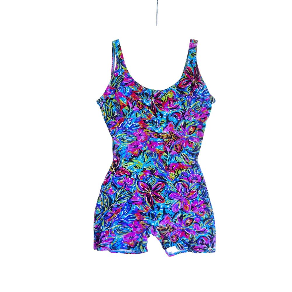 Vintage Gilda Marx Floral Swimsuit Romper Neon One Piece Shorts L tropical 90s